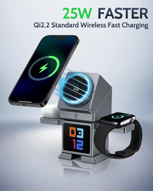7 in 1 Wireless Charger Qi2.2 Certified 25W Magnetic Fast Charging Station Bluetooth Speaker for iPhone 17~12 iWatch Airpods Pro