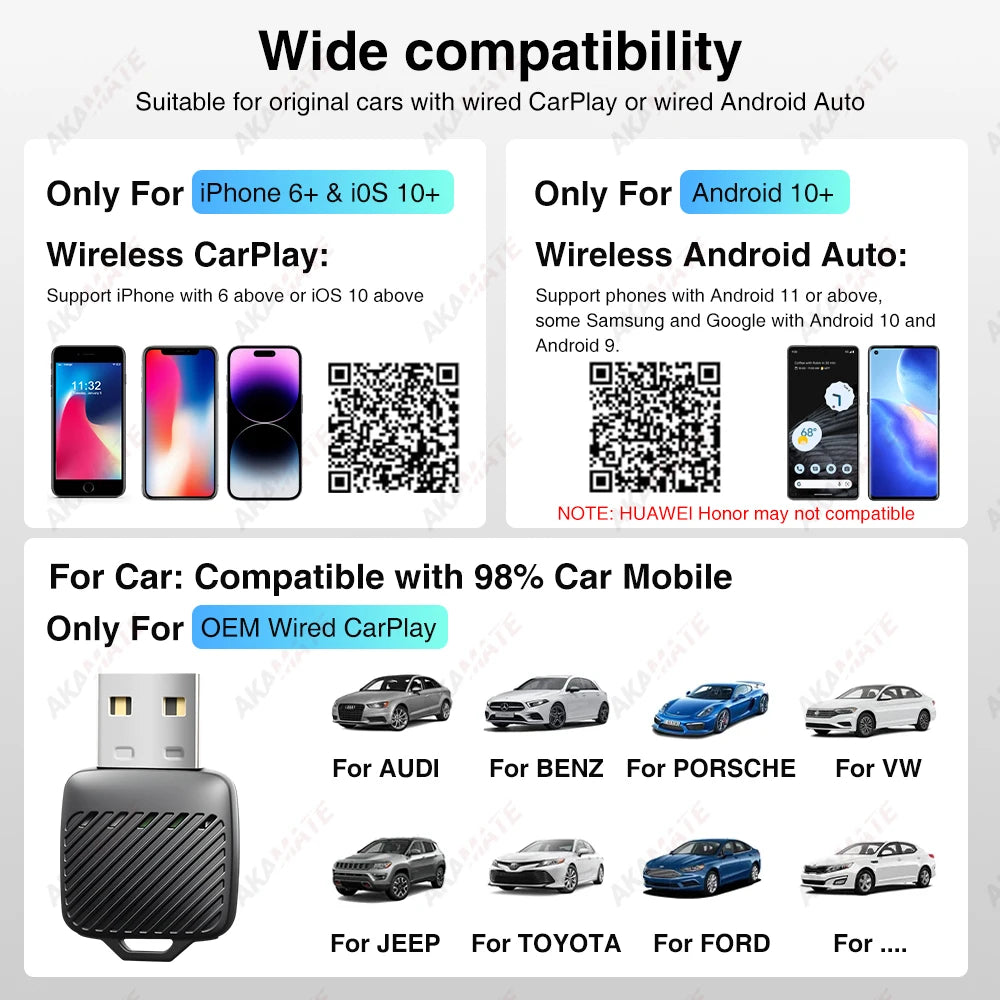 Wireless Mini CarPlay Adapter for VW Toyota Audi for OEM Wired to Wireless CarPlay Android Auto Type-C USB Plug and Play Dongle