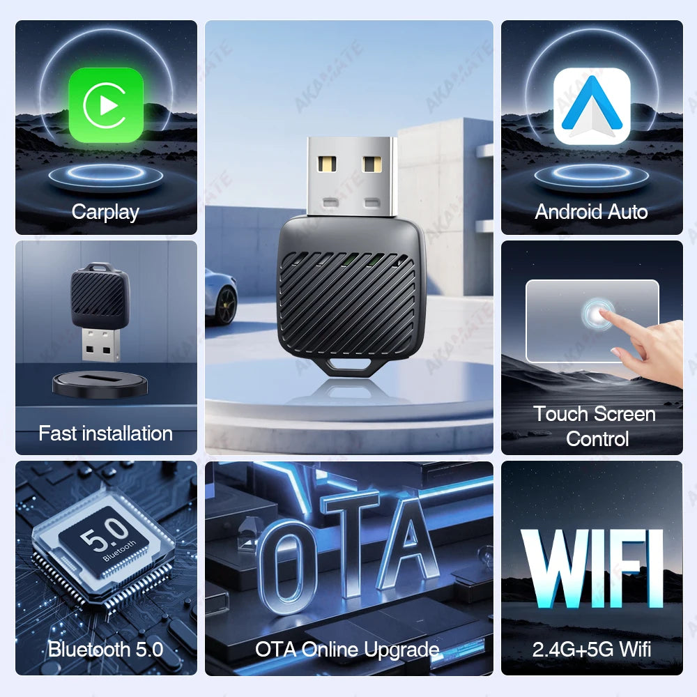 Wireless Mini CarPlay Adapter for VW Toyota Audi for OEM Wired to Wireless CarPlay Android Auto Type-C USB Plug and Play Dongle