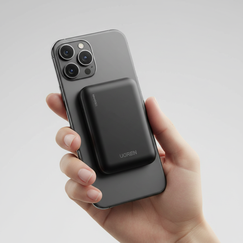 UGREEN Power Bank attached to iPhone - Lifestyle
